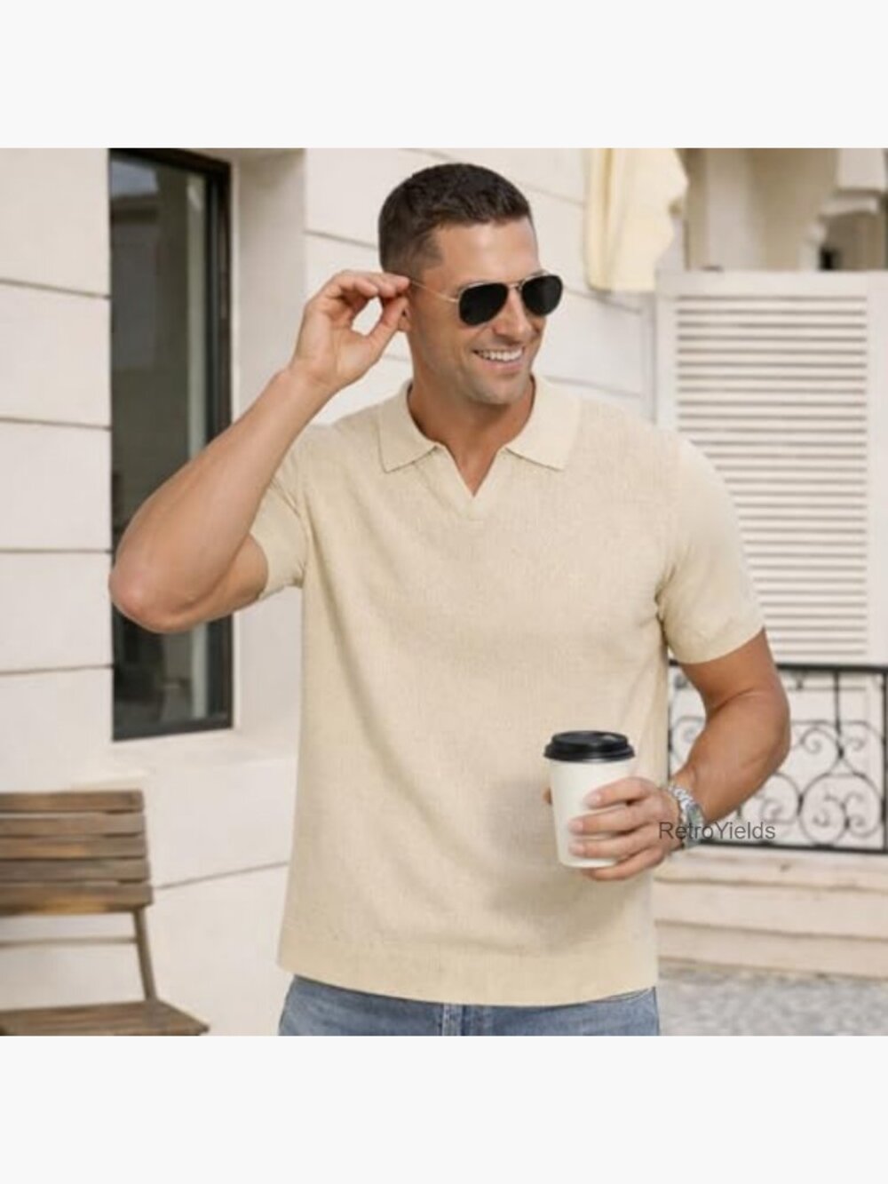 Men's Textured V-Neck Short Sleeve Polo Shirt - Casual Golf Pullover - Picture 5 of 7
